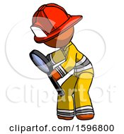 Poster, Art Print Of Orange Firefighter Fireman Man Inspecting With Large Magnifying Glass Left
