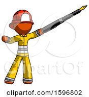 Poster, Art Print Of Orange Firefighter Fireman Man Pen Is Mightier Than The Sword Calligraphy Pose