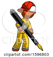 Poster, Art Print Of Orange Firefighter Fireman Man Drawing Or Writing With Large Calligraphy Pen