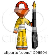 Poster, Art Print Of Orange Firefighter Fireman Man Holding Giant Calligraphy Pen
