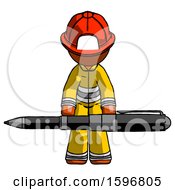 Poster, Art Print Of Orange Firefighter Fireman Man Weightlifting A Giant Pen