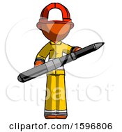 Orange Firefighter Fireman Man Posing Confidently With Giant Pen