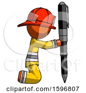 Orange Firefighter Fireman Man Posing With Giant Pen In Powerful Yet Awkward Manner
