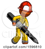 Poster, Art Print Of Orange Firefighter Fireman Man Writing With A Really Big Pen