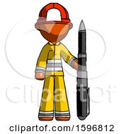 Orange Firefighter Fireman Man Holding Large Pen