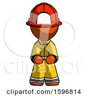 Poster, Art Print Of Orange Firefighter Fireman Man Squatting Facing Front