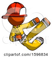 Poster, Art Print Of Orange Firefighter Fireman Man Flying Ninja Kick Right