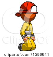 Poster, Art Print Of Orange Firefighter Fireman Man Kneeling Angle View Right