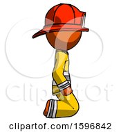 Poster, Art Print Of Orange Firefighter Fireman Man Kneeling Right