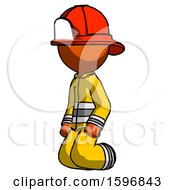 Poster, Art Print Of Orange Firefighter Fireman Man Kneeling Angle View Left