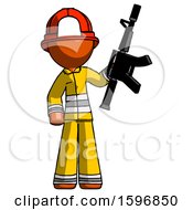 Poster, Art Print Of Orange Firefighter Fireman Man Holding Automatic Gun