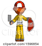 Poster, Art Print Of Orange Firefighter Fireman Man Holding Large Steak With Butcher Knife