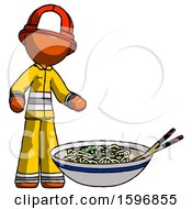 Poster, Art Print Of Orange Firefighter Fireman Man And Noodle Bowl Giant Soup Restaraunt Concept