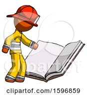 Poster, Art Print Of Orange Firefighter Fireman Man Reading Big Book While Standing Beside It
