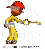 Orange Firefighter Fireman Man With Big Key Of Gold Opening Something