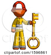 Poster, Art Print Of Orange Firefighter Fireman Man Holding Key Made Of Gold