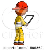 Poster, Art Print Of Orange Firefighter Fireman Man Looking At Tablet Device Computer Facing Away