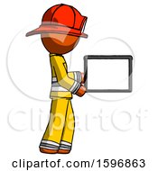 Poster, Art Print Of Orange Firefighter Fireman Man Show Tablet Device Computer To Viewer Blank Area