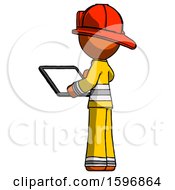Poster, Art Print Of Orange Firefighter Fireman Man Looking At Tablet Device Computer With Back To Viewer