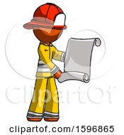 Poster, Art Print Of Orange Firefighter Fireman Man Holding Blueprints Or Scroll