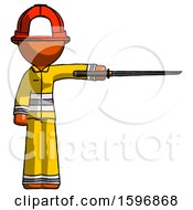 Orange Firefighter Fireman Man Standing With Ninja Sword Katana Pointing Right