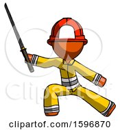 Orange Firefighter Fireman Man With Ninja Sword Katana In Defense Pose