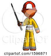 Poster, Art Print Of Orange Firefighter Fireman Man Standing Up With Ninja Sword Katana