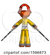 Orange Firefighter Fireman Man Posing With Two Ninja Sword Katanas