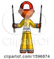 Poster, Art Print Of Orange Firefighter Fireman Man Posing With Two Ninja Sword Katanas Up