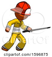 Poster, Art Print Of Orange Firefighter Fireman Man Stabbing With Ninja Sword Katana