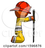 Poster, Art Print Of Orange Firefighter Fireman Man Kneeling With Ninja Sword Katana Showing Respect