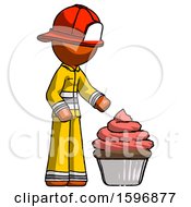 Poster, Art Print Of Orange Firefighter Fireman Man With Giant Cupcake Dessert