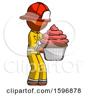 Poster, Art Print Of Orange Firefighter Fireman Man Holding Large Cupcake Ready To Eat Or Serve