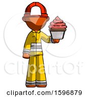 Poster, Art Print Of Orange Firefighter Fireman Man Presenting Pink Cupcake To Viewer
