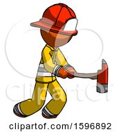 Orange Firefighter Fireman Man With Ax Hitting Striking Or Chopping