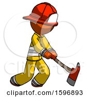 Poster, Art Print Of Orange Firefighter Fireman Man Striking With A Red Firefighters Ax