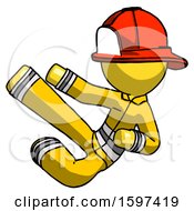 Poster, Art Print Of Yellow Firefighter Fireman Man Flying Ninja Kick Left