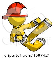 Poster, Art Print Of Yellow Firefighter Fireman Man Flying Ninja Kick Right