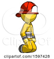 Poster, Art Print Of Yellow Firefighter Fireman Man Kneeling Angle View Right