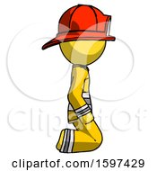 Poster, Art Print Of Yellow Firefighter Fireman Man Kneeling Right