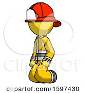 Poster, Art Print Of Yellow Firefighter Fireman Man Kneeling Angle View Left