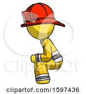 Poster, Art Print Of Yellow Firefighter Fireman Man Squatting Facing Left