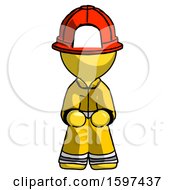 Poster, Art Print Of Yellow Firefighter Fireman Man Squatting Facing Front