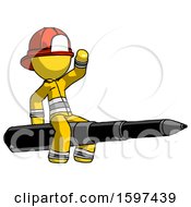 Poster, Art Print Of Yellow Firefighter Fireman Man Riding A Pen Like A Giant Rocket