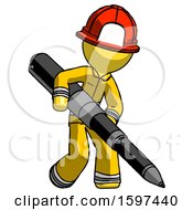 Poster, Art Print Of Yellow Firefighter Fireman Man Writing With A Really Big Pen