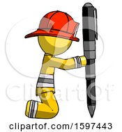 Yellow Firefighter Fireman Man Posing With Giant Pen In Powerful Yet Awkward Manner