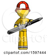 Yellow Firefighter Fireman Man Posing Confidently With Giant Pen