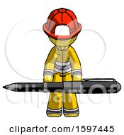Poster, Art Print Of Yellow Firefighter Fireman Man Weightlifting A Giant Pen