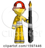 Yellow Firefighter Fireman Man Holding Giant Calligraphy Pen