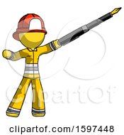 Poster, Art Print Of Yellow Firefighter Fireman Man Pen Is Mightier Than The Sword Calligraphy Pose